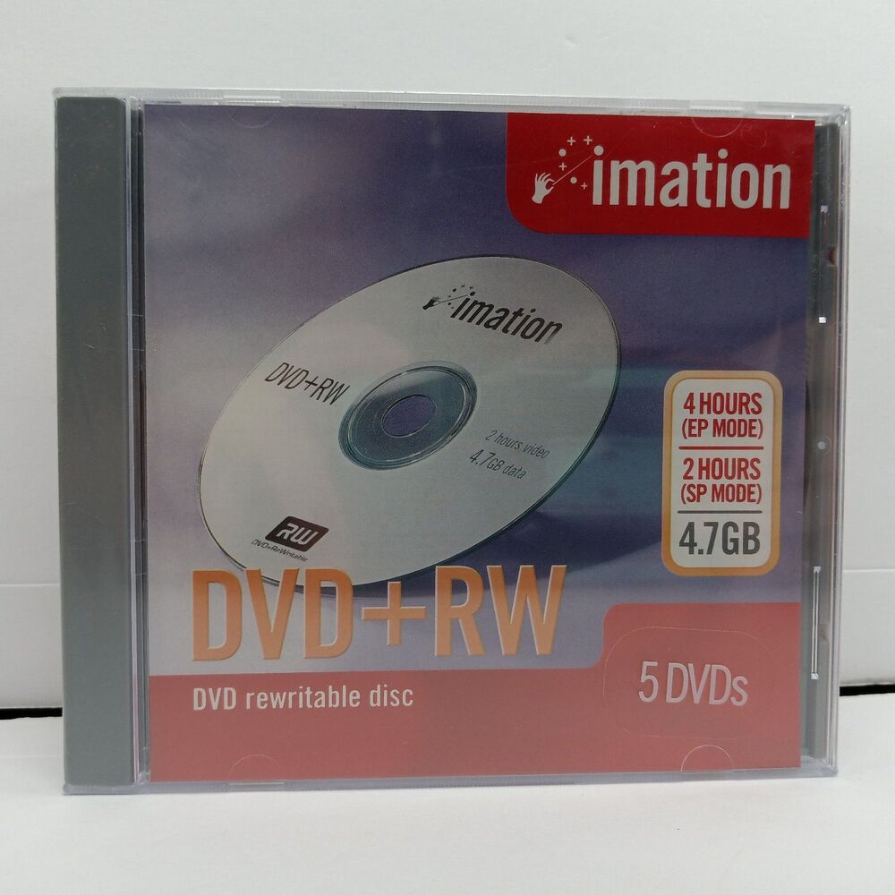 Imation 5 Rewriteable Discs DVD + RW 4 Hour EP Mode 2 Hour SP Mode 4.7 GB